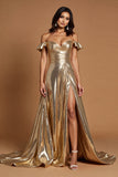 Golden Off The Shoulder A Line Prom Dress With Slit