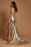 Golden Off The Shoulder A Line Prom Dress With Slit