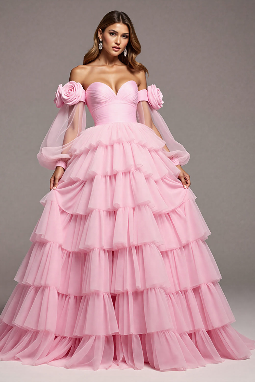 Pink Tulle Floral A Line Long Prom Dress with Ruffles