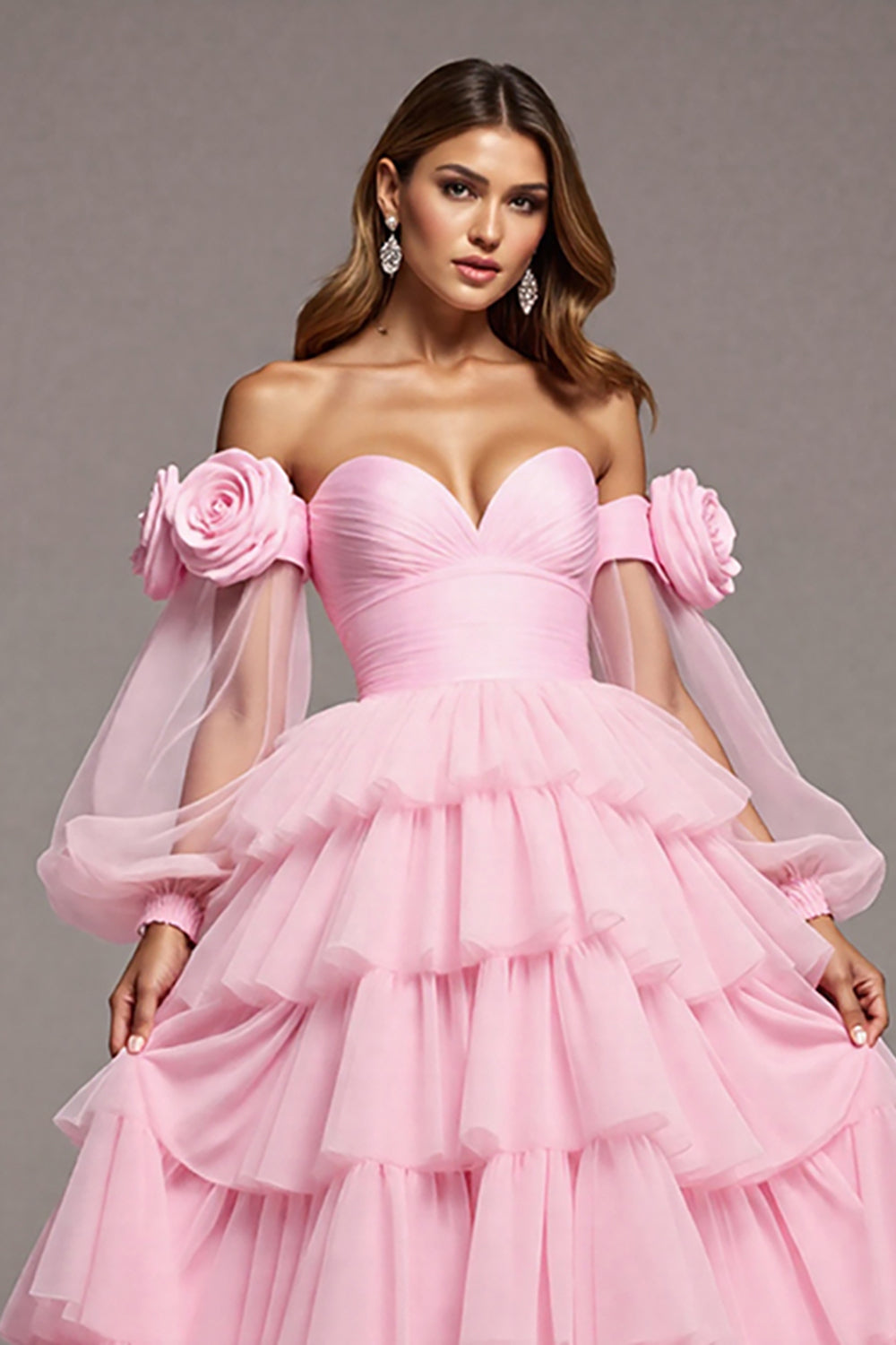 Pink Tulle Floral A Line Long Prom Dress with Ruffles