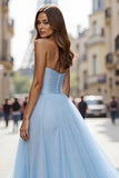 Blue Simple Tulle Prom Dress with Slit