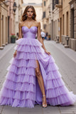 Purple Tulle A Line Prom Dress with Ruffles