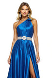 Sparkly Royal Blue Satin A Line Long Prom Dress with Slit