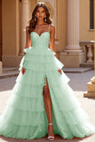 Blush Tulle Tiered Long Prom Dress with Appliques