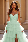 Blush Tulle Tiered Long Prom Dress with Appliques