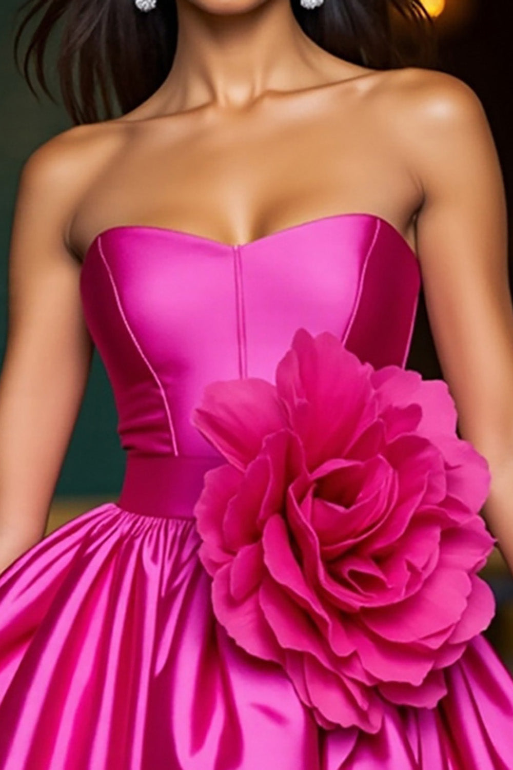 Fuchsia Strapless A Line Short Prom Dress With 3D Flowers