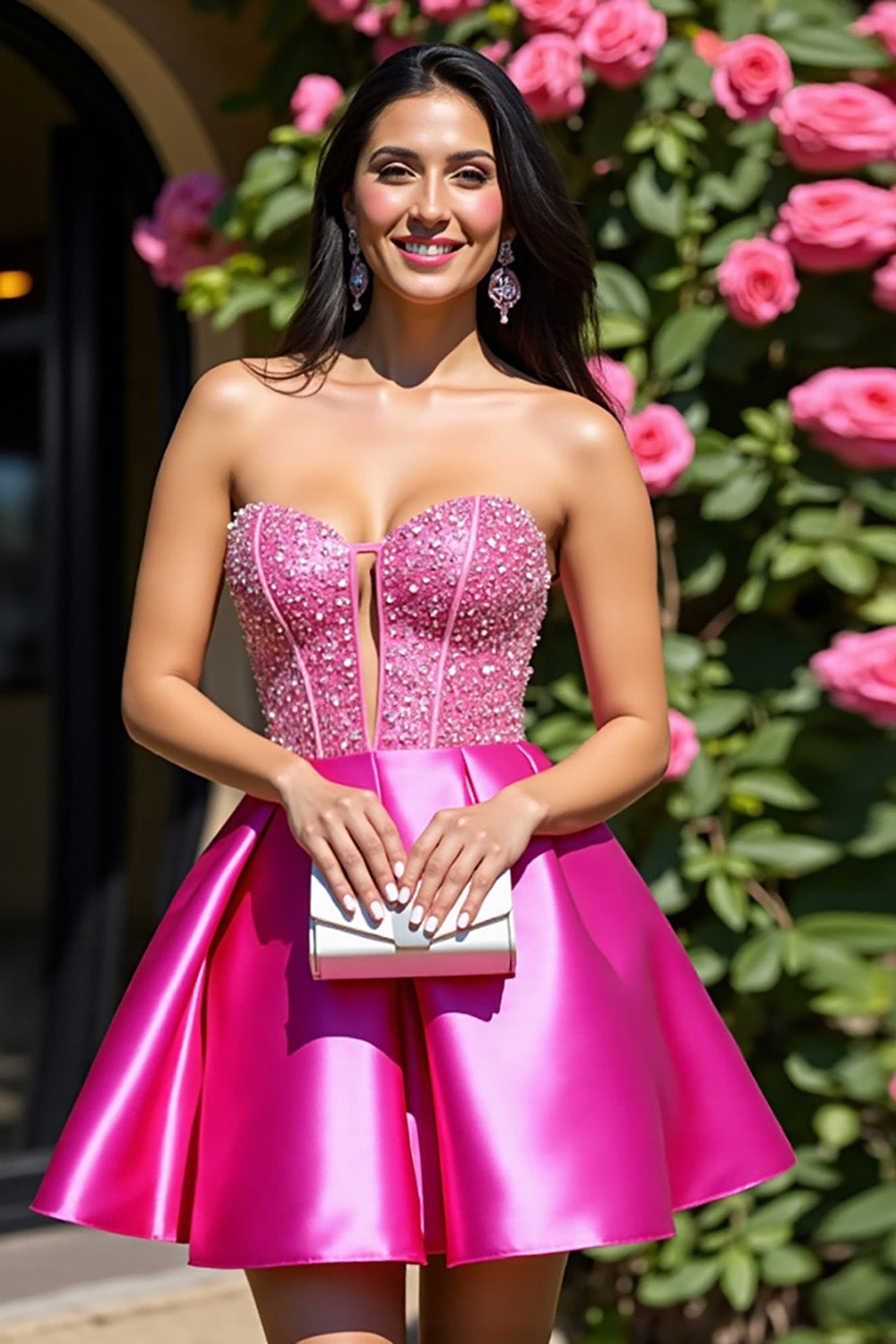 Fuchsia Strapless Keyhole Satin A Line Short Prom Dress