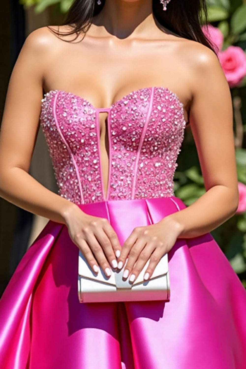 Fuchsia Strapless Keyhole Satin A Line Short Prom Dress