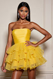 Yellow Strapless Satin Tiered A Line Short Prom Dress