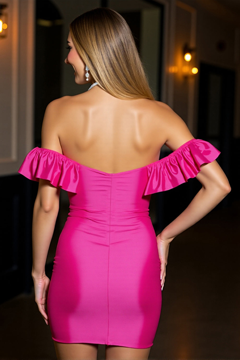 Off The Shoulder Fuchsia Satin Bodycon Cocktail Dress