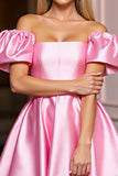 Off The Shoulder Pink Satin A Line Short Prom Dress
