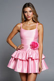 Pink Tiered Satin A Line Short Prom Dress With 3D Flowers