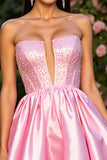Pink Strapless Satin A Line Short Prom Dress