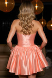 Orange Satin Strapless A Line Mini Prom Dress
