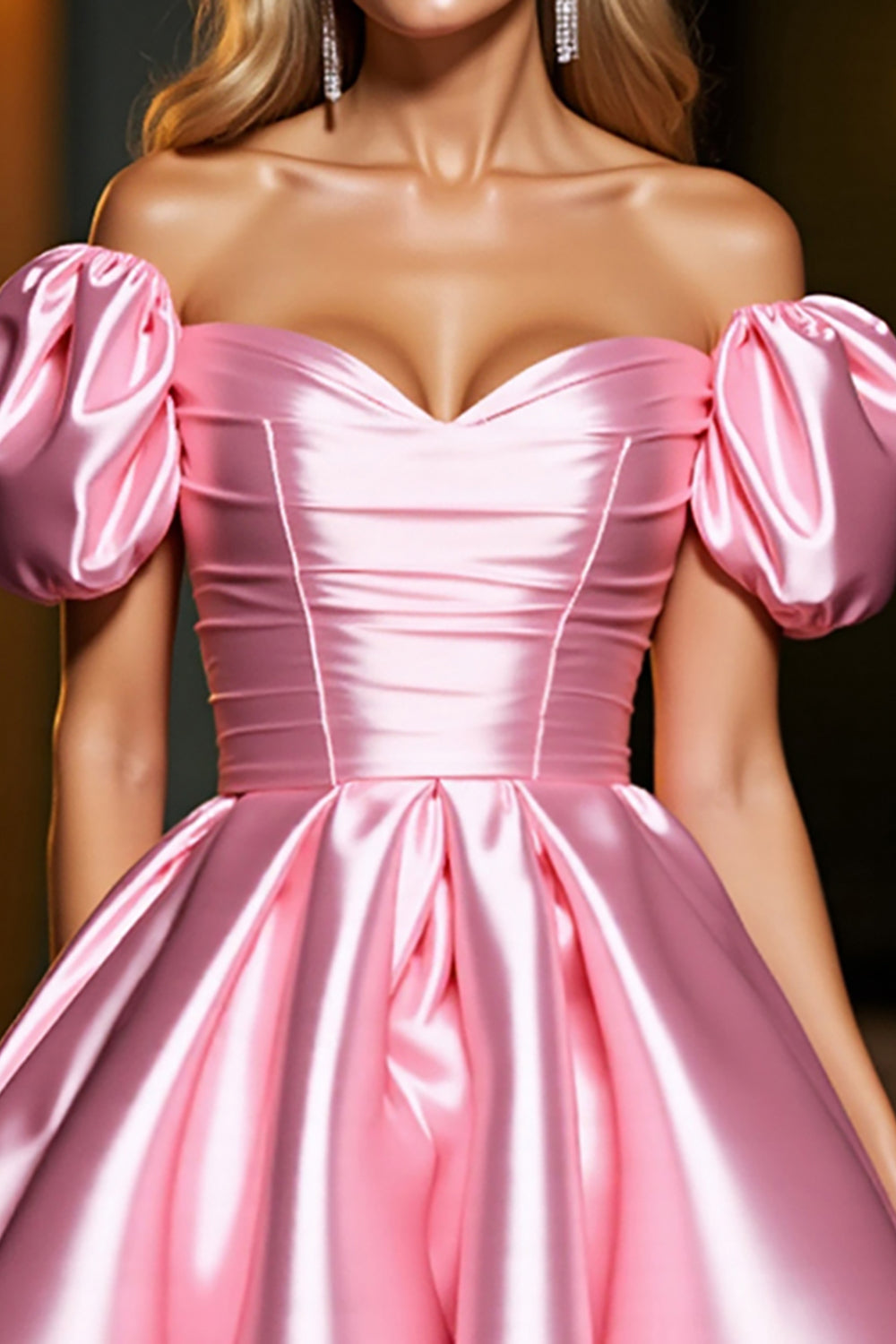Pink A Line Satin Off the Shoulder Short Prom Dress with Ruffles