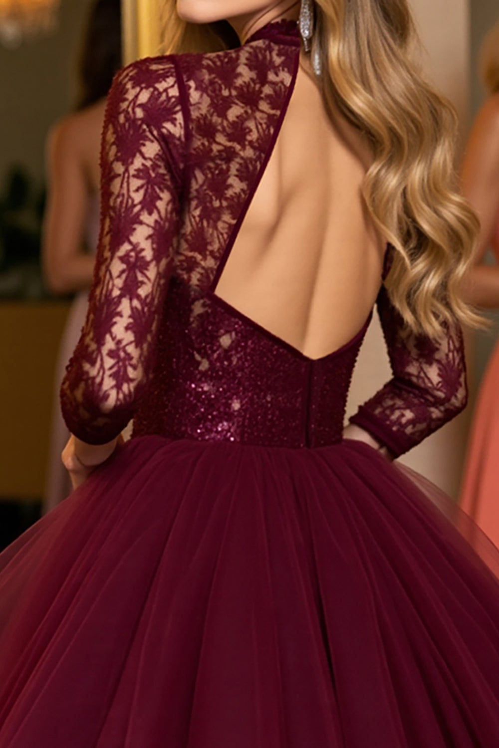 Burgundy Tulle Corset High Illusion Neck Short Party Dress with Lace