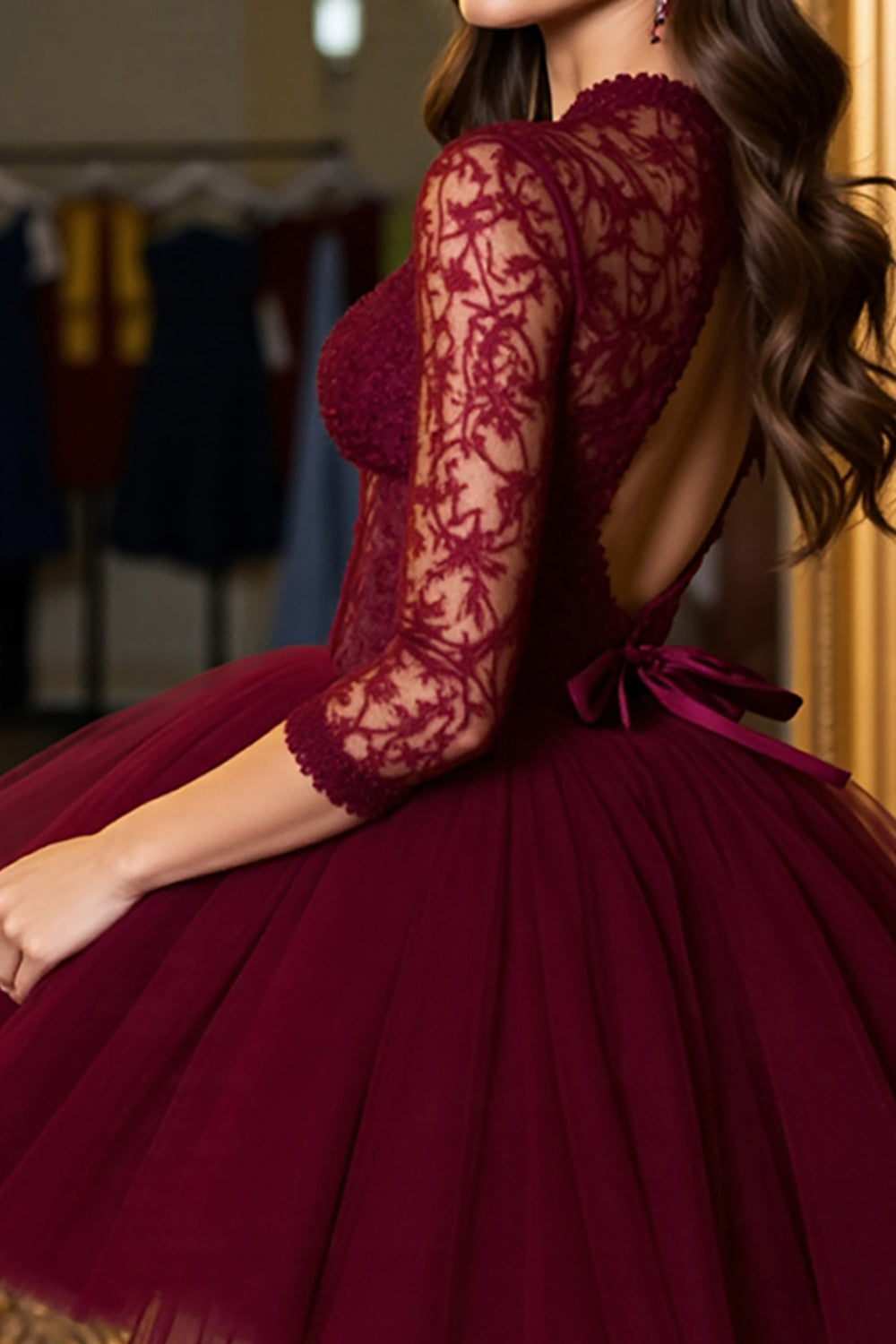 Burgundy Corset Illusion Neck Tulle Short Prom Dress with Lace