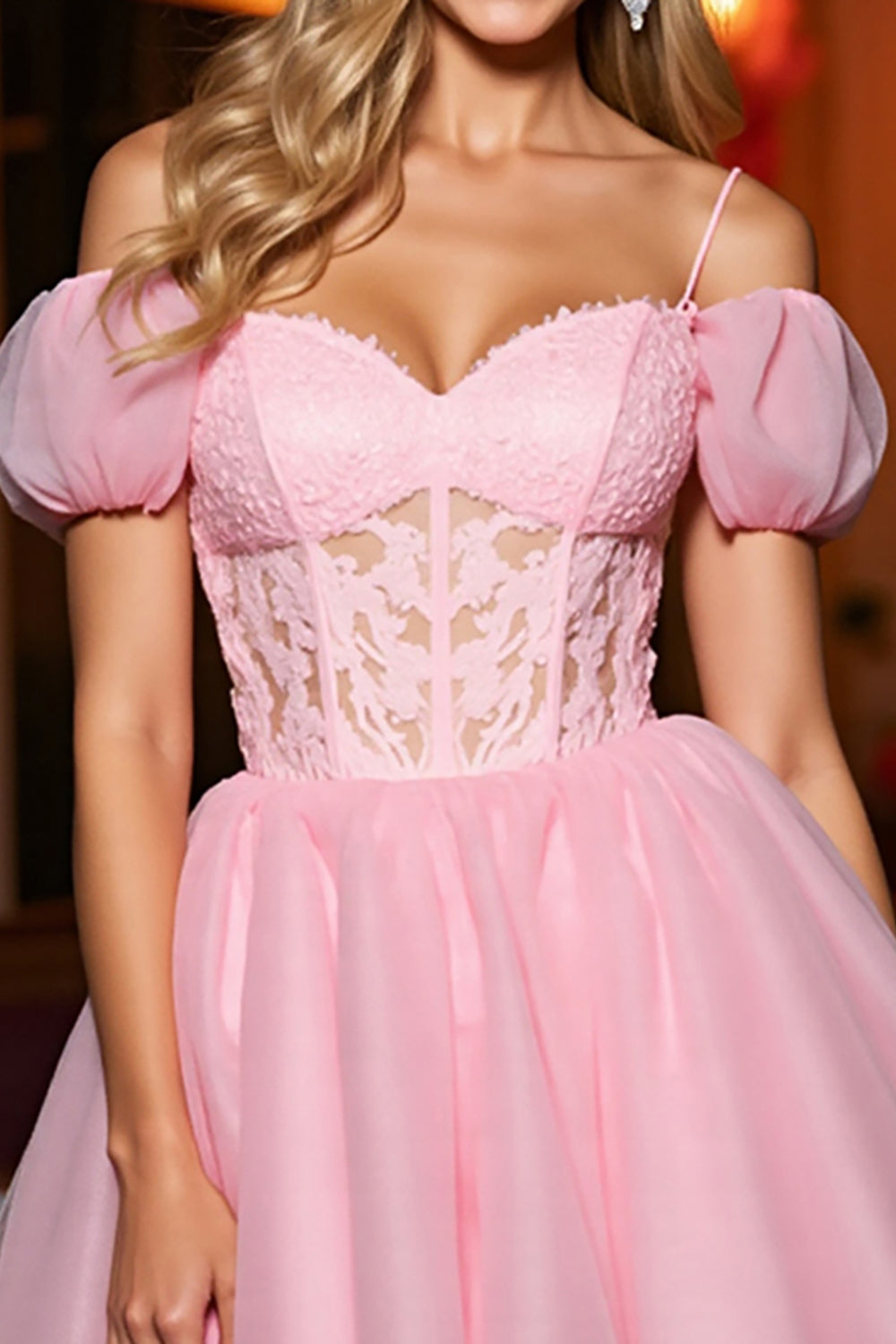 Pink Tulle A Line Corset Cold Shoulder Short Prom Dress