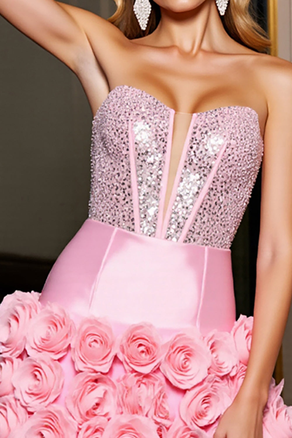 Sparkly Pink Satin Bodycon Beaded Short Prom Dress with 3D Flowers
