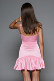 Pink Satin Bodycon Spaghetti Straps Short Prom Dress with 3D Flowers