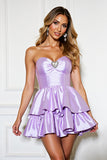 Lilac Strapless Tiered A Line Short Prom Dress with Rhinestone