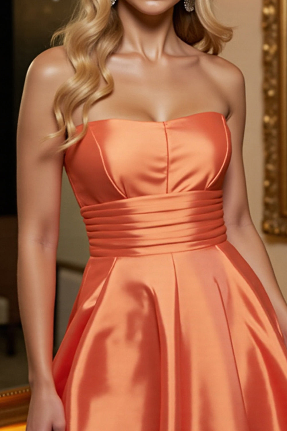 Orange Satin A Line Strapless Short Prom Dress