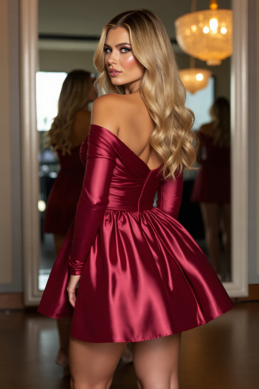 Burgundy Off the Shoulder Sequin Satin Short Prom Dress with Long Sleeves