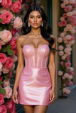 Sparkly Pink Strapless Corset Bodycon Short Prom Dress