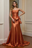 Strapless Orange Satin Sheath Prom Dress