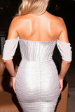 Sparkly Off The Shoulder Silver Ruched Cocktail Dress