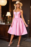 Pink Satin A Line Spaghetti Straps Midi Cocktail Dress