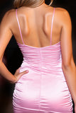 Pink Bodycon Satin Spaghetti Straps Short Prom Dress