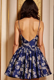Navy Floral A Line Spaghetti Straps Short Cocktail Dress