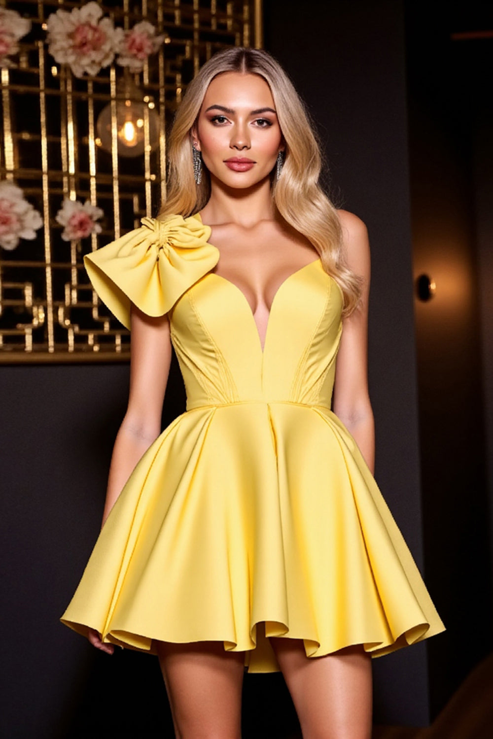 Yellow Satin A Line Spaghetti Straps Short Prom Dress
