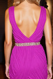 Sparkly Fuchsia Bodycon Beaded Ruched Short Cocktail Dress