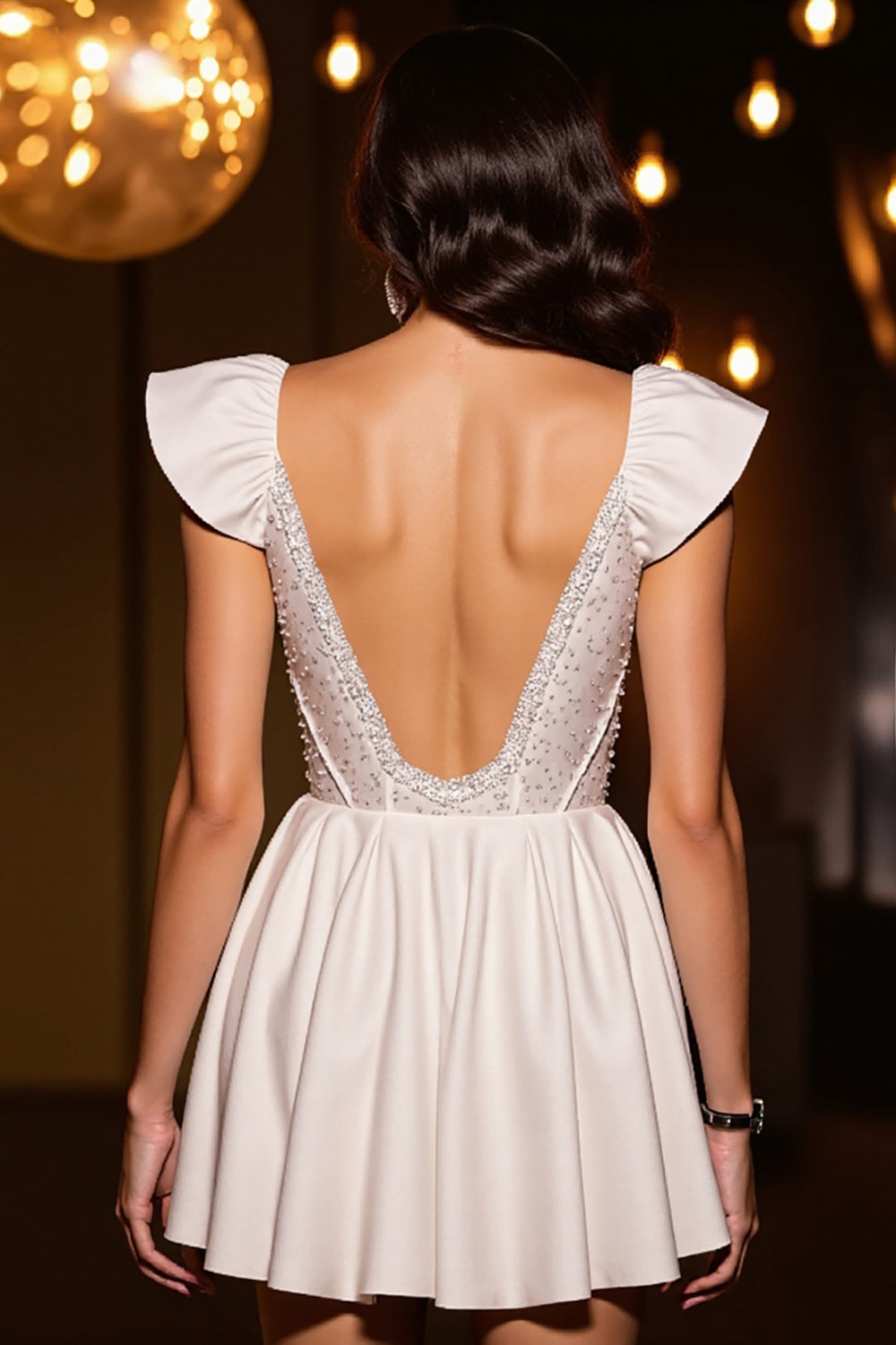 Sparkly Ivory Corset A Line Cap Sleeves Mini Cocktail Dress