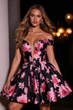 Black Print Floral Satin A Line Short Prom Dress