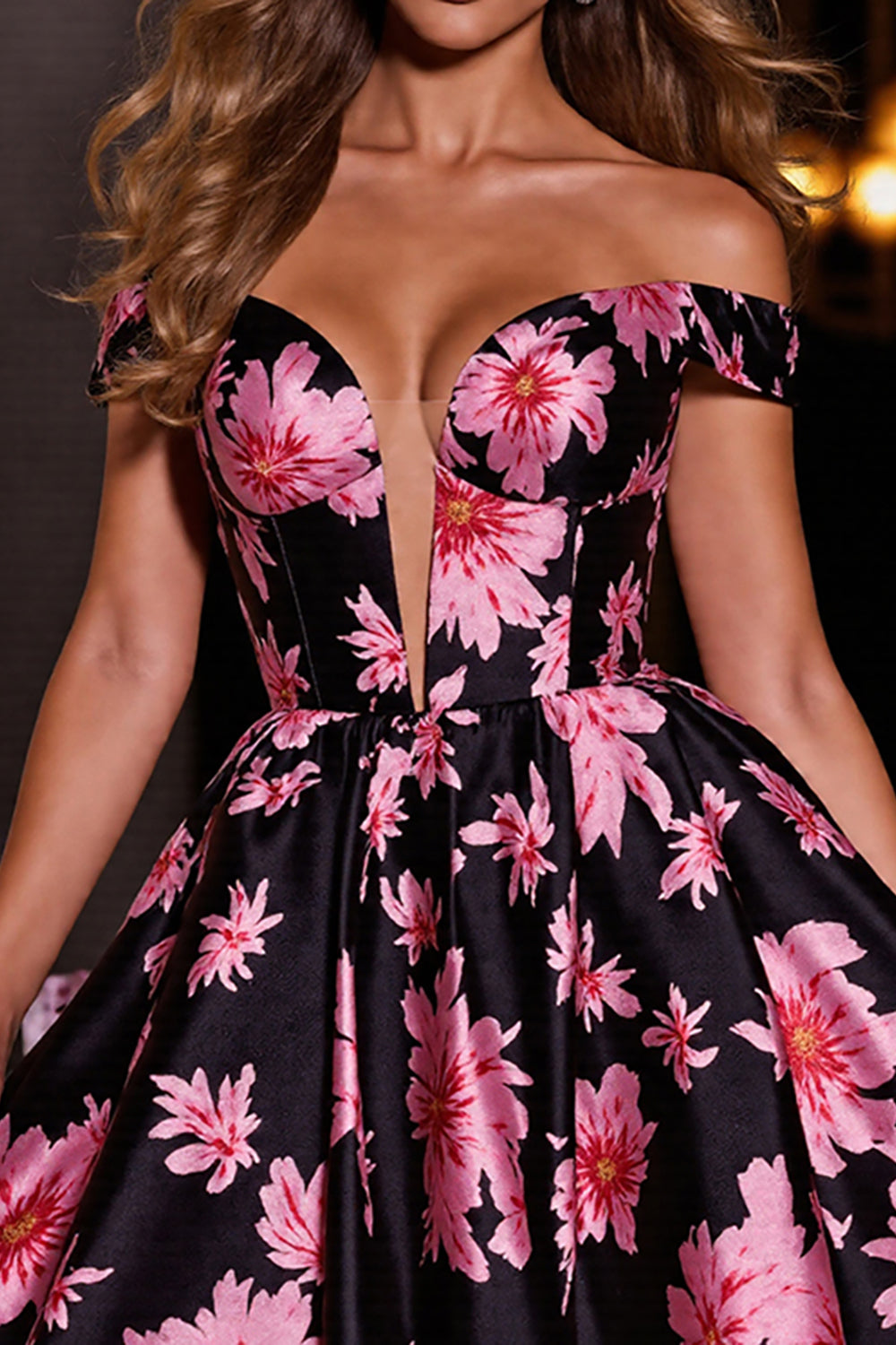 Black Print Floral Satin A Line Short Prom Dress