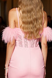 Pink Cold Shoulder Bodycon Short Prom Dress With Feathers