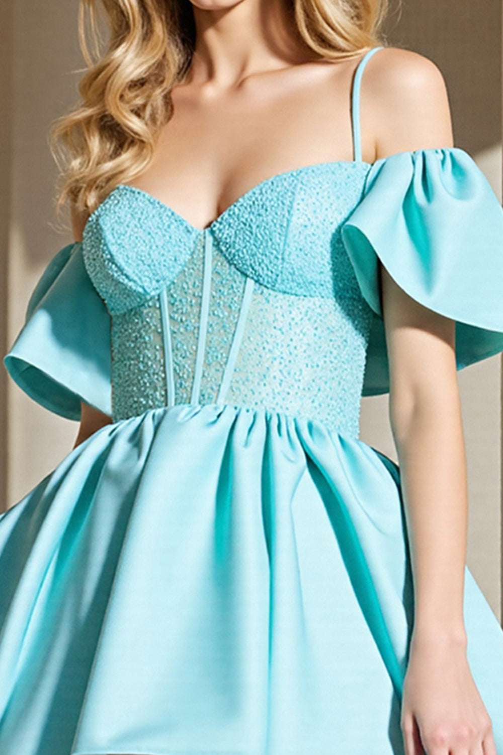 Light Blue Corset A Line Cold Shoulder Short Prom Dress