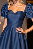 Dark Blue A Line Short Prom Dress With Puff Sleeves