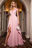 Pink Ruched V Neck A Line Formal Dress With Slit