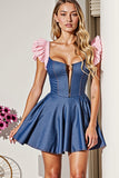 Dark Blue Ruffled Square Neck A Line Short Prom Dress