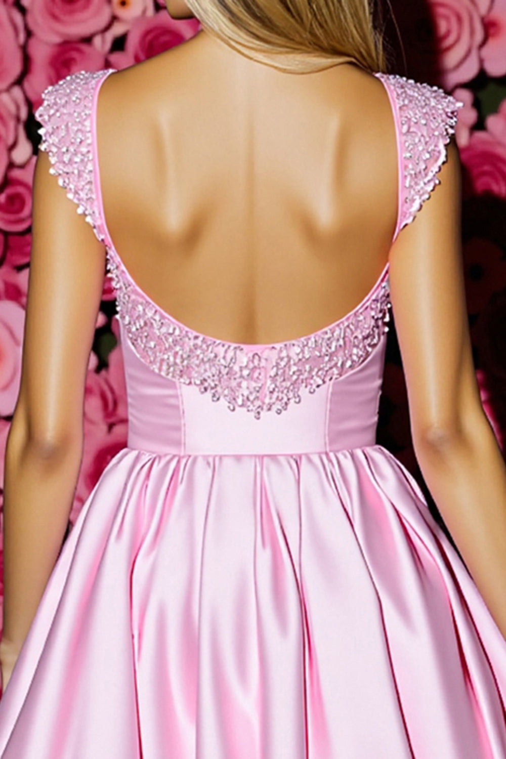 Pink Satin Pleated A Line Short Prom Dress with Bow