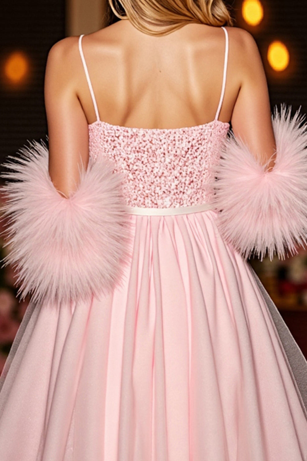 Sparkly Blush Corset Short Prom Dress With Feathers