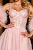 Sparkly Blush Corset Short Prom Dress With Feathers