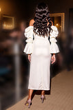 Off The Shoulder White Sheath Midi Cocktail Dress With Slit