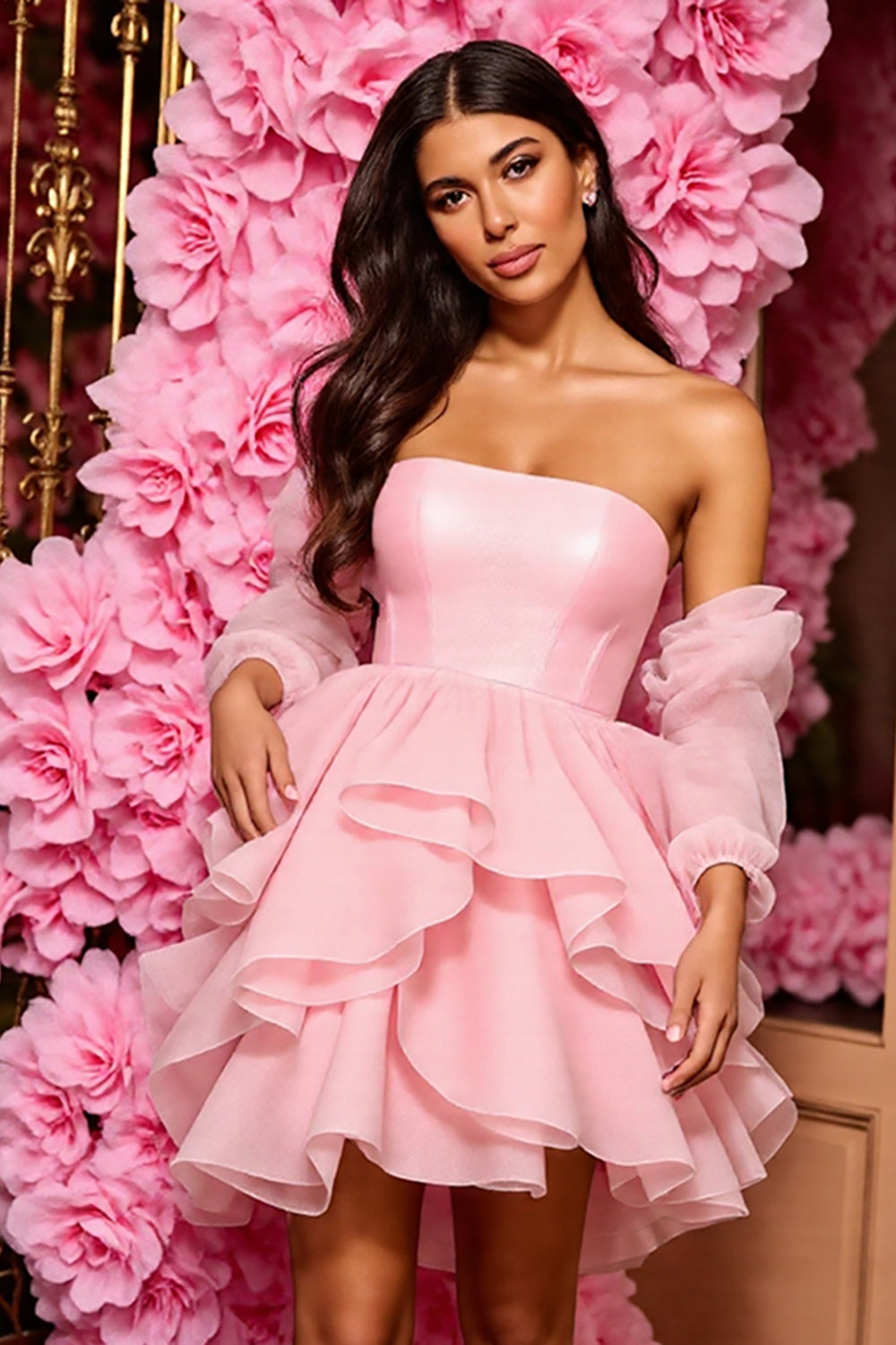Pink Strapless A Line Ruffled Mini Party Dress