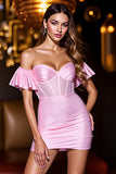 Pink Off The Shoulder Corset Beaded Short Prom Dress