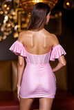 Pink Off The Shoulder Corset Beaded Short Prom Dress